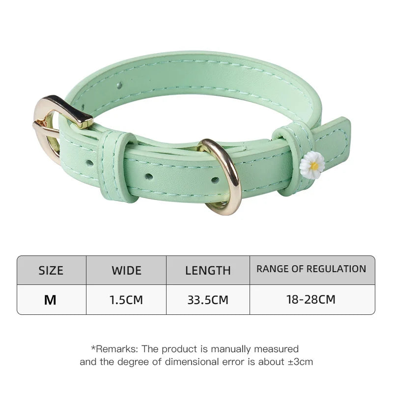 Cute Dog Accessories PU Leather Pet Collar Daisy Decoration Alloy Buckle Head Traction Rope Neck Loop for Cat Teddy Schnauzer