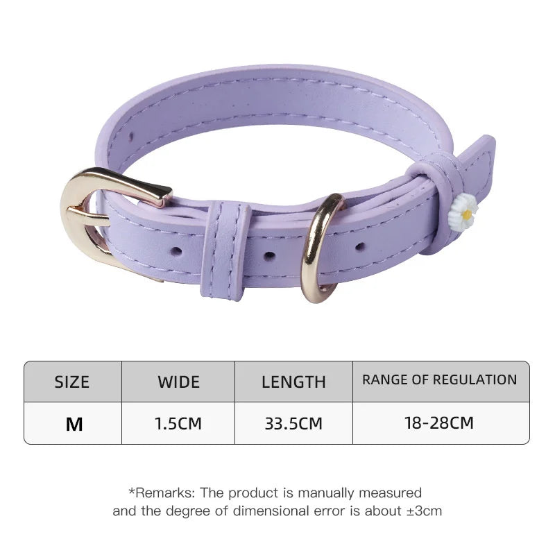 Cute Dog Accessories PU Leather Pet Collar Daisy Decoration Alloy Buckle Head Traction Rope Neck Loop for Cat Teddy Schnauzer