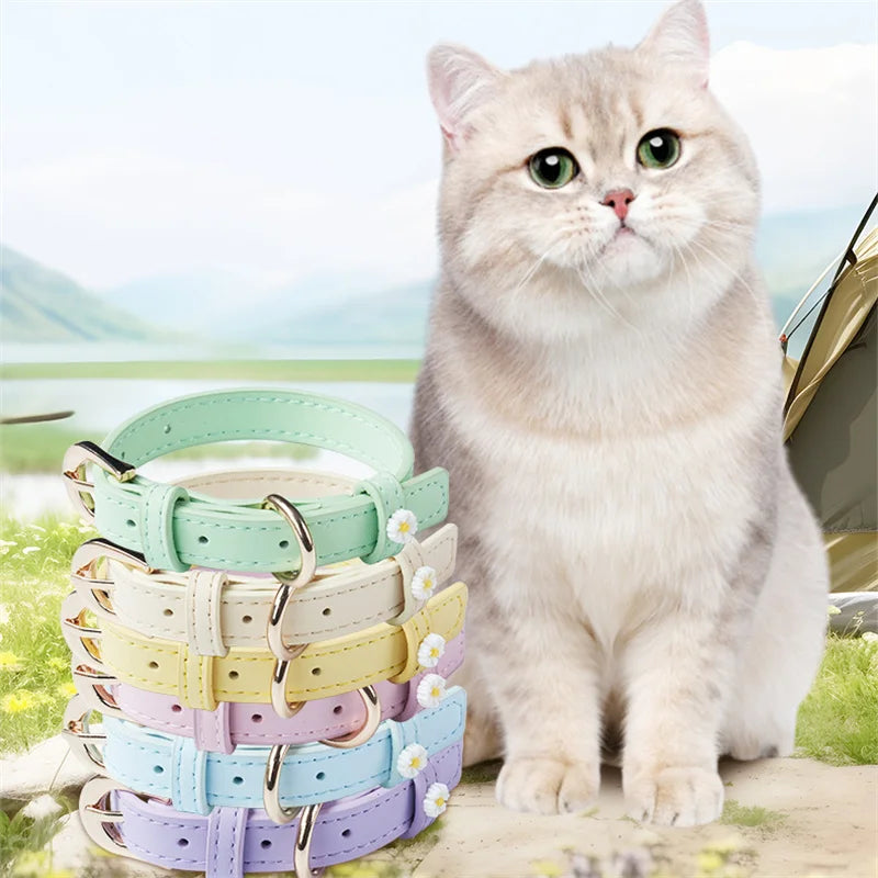 Cute Dog Accessories PU Leather Pet Collar Daisy Decoration Alloy Buckle Head Traction Rope Neck Loop for Cat Teddy Schnauzer