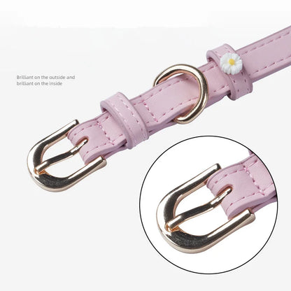 Cute Dog Accessories PU Leather Pet Collar Daisy Decoration Alloy Buckle Head Traction Rope Neck Loop for Cat Teddy Schnauzer