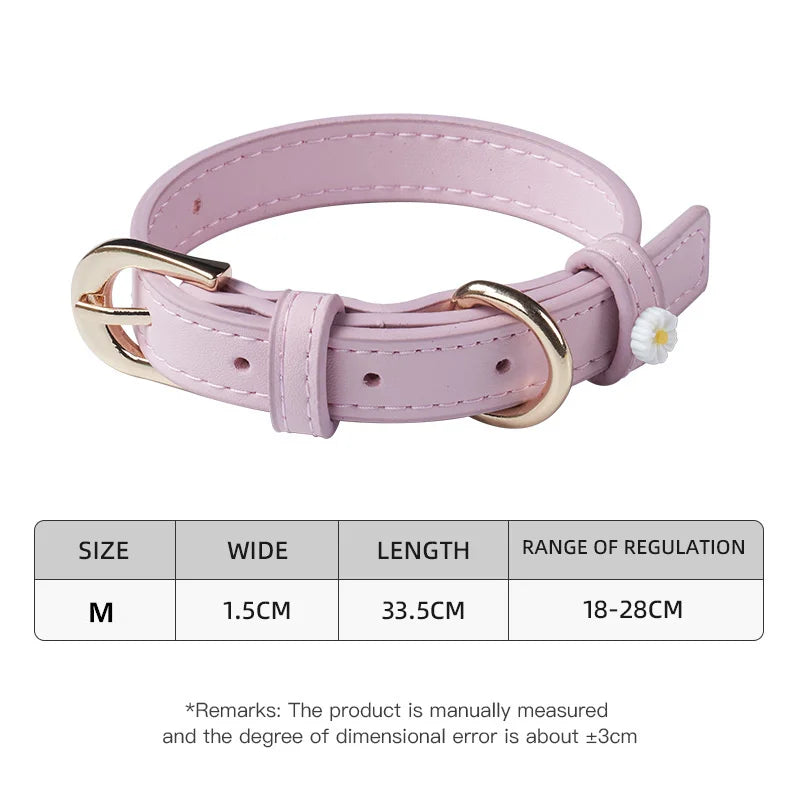 Cute Dog Accessories PU Leather Pet Collar Daisy Decoration Alloy Buckle Head Traction Rope Neck Loop for Cat Teddy Schnauzer